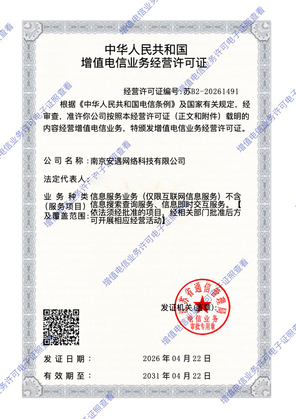 增值电信业务经营许可证 苏B2-20261491